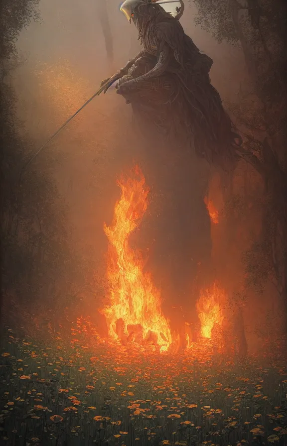 Image similar to a knight among flowers in dark forest surrounded by fire and smoke, moody, rim light, dynamic lighting, cinematic shot, gritty, ultra - detail, renderman, physically based render, jean delville, gustave dore and marco mazzoni