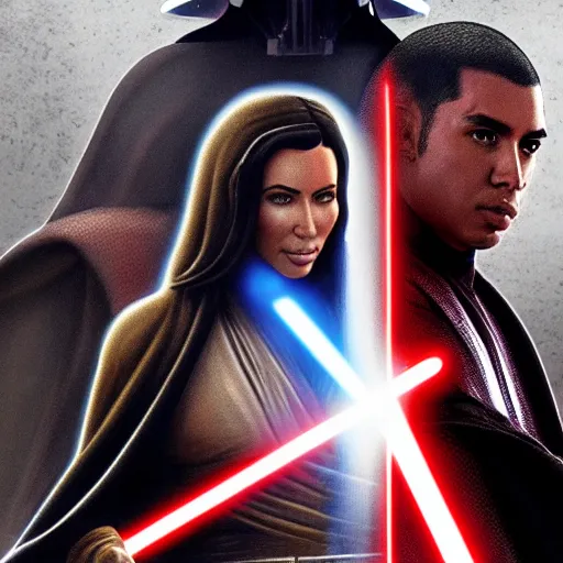 Image similar to super detailed star wars movie poster with Jesus Christ and kim kardashian, 8k full HD photo, cinematic lighting, anatomically correct, oscar award winning, action filled, correct eye placement,