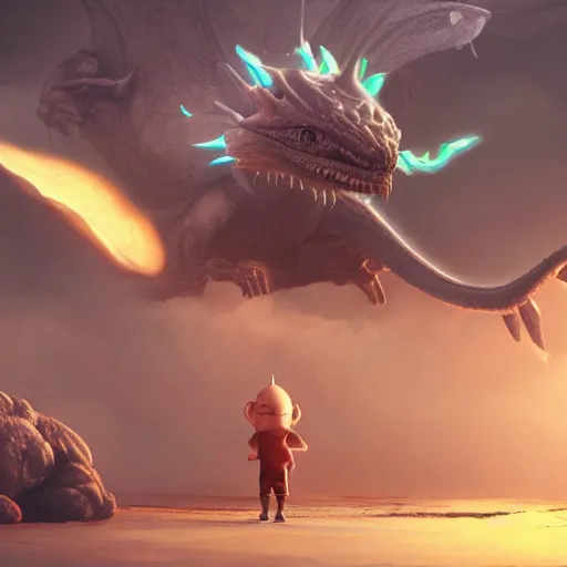 Image similar to an adorable and small alien lands on earth to meet a giant dragon, sweet, concept art, octane render, unreal engine, highly detailed, 4 k, comic book art