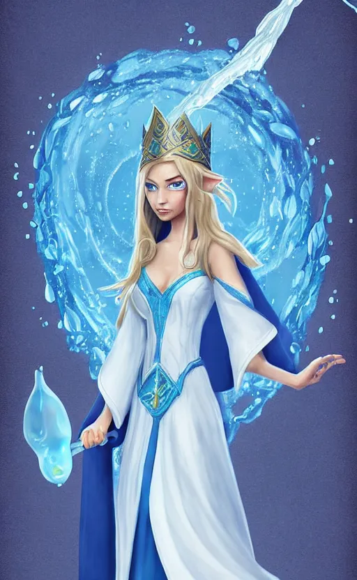 Image similar to elf female sorcerer doing water magic spells, blue robes, exquisite details, full body character design on a white background, by studio muti