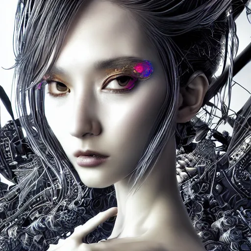 Prompt: the portrait of an absurdly beautiful, graceful, elegant, sophisticated, fashionable cyberpunk gravure idol, an ultrafine hyperdetailed illustration by kim jung gi, irakli nadar, intricate linework, bright colors, porcelain skin, unreal engine 5 highly rendered, fashion photography, global illumination, radiant light, detailed and intricate environment