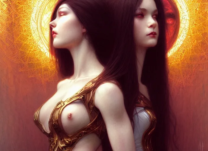 Image similar to portrait of demonic woman and angelic woman, confident pose, pixie, genshin impact, intricate, elegant, sharp focus, soft bokeh, illustration, highly detailed, concept art, matte, trending on artstation, bright colors, art by wlop and artgerm and greg rutkowski, mucha, giger, marvel comics