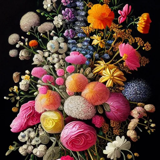 Prompt: a painting of a bouquet of flowers on a black background, a detailed painting by Earnst Haeckel, behance contest winner, fantasy art, made of crystals, detailed painting, digital illustration