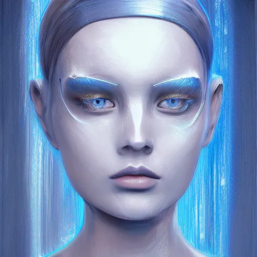 Image similar to portrait of a female android made of steel, face completely covered in phthalo blue filigree, glowing blue eyes, filigree, elegant, sharp focus, graceful, master crafted, trending on artstation, award winning, beauty,