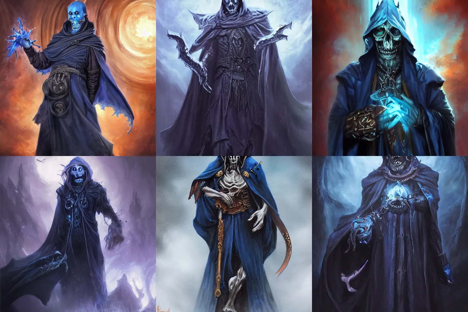 Prompt: undead lich with missing limb (left hand) and missing left eye, dressed in dark blue robes, fantasy, epic, portrait painted by raymond swanland