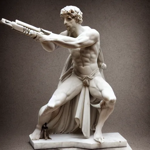 Prompt: a greek marble statue holding a marble assault rifle, museum background, studio lighting, high detail, bokeh, 4K