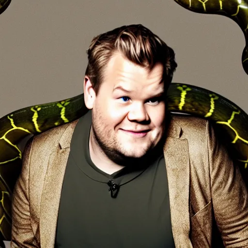 Prompt: james corden as a snake who is annoying to everyone in his surroundings, photo, cinematic, 8 k