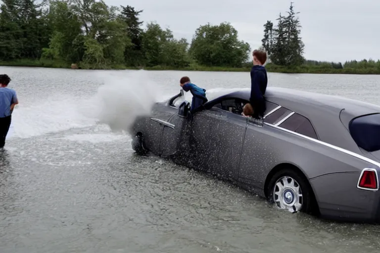 Image similar to Group of teenagers push Rolls-Royce into lake from small slide