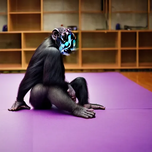 Prompt: photo of chimpanzee wearing yoga pants doing yoga in a yoga studio on a purple yoga mat, 5 0 mm, beautiful photo