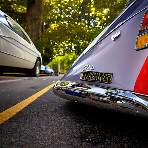 Prompt: low angle photo car in mid day by william egglestone, bokeh