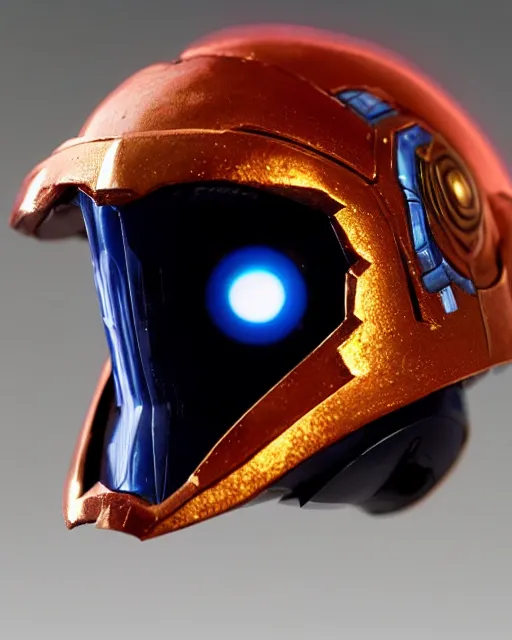 Image similar to tetradic galaxy cosmic space - opera diorama bg. helmet portrait of a figurine of samus aran's orange chozo varia power suit from the sci - fi nintendo videogame metroid. designed by hiroji kiyotake, gene kohler and rodney brunet. metroid zero mission. metroid prime. glossy. masterpiece. intricate cybertronics. shallow depth of field.