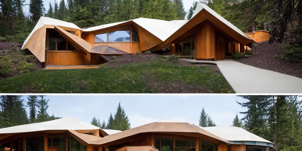Image similar to large geodesic dome residence, pacific northwest, cedar and white concrete, many windows, triangular elements designed by frank lloyd wright and olson kundig