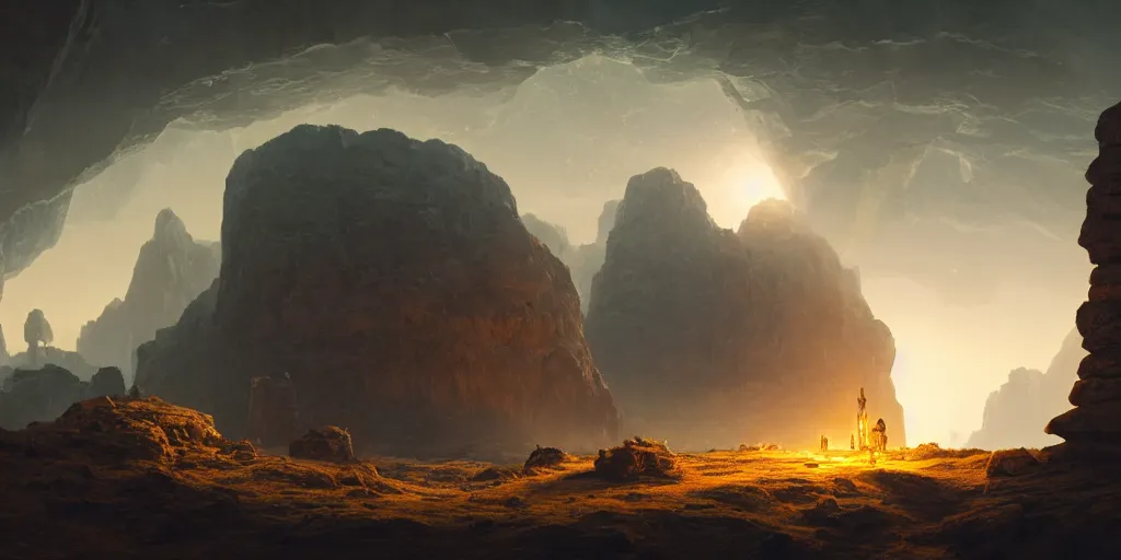 Prompt: discovery of a highly advanced civilization in a mechanical robot cave with minimal lighting in the style of thomas cole, cinematic lighting, raytracing, 8 k, octane render, volumetric, vivid, beautiful, hyperrealism