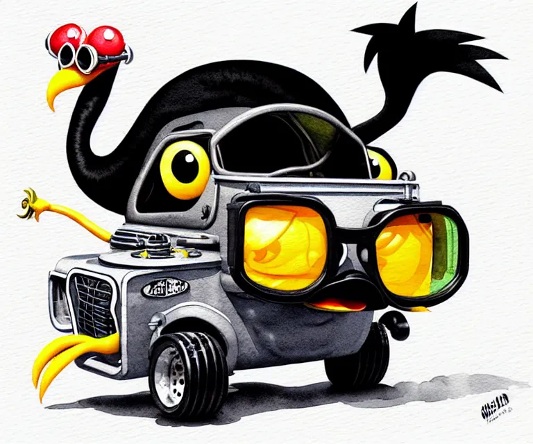 Image similar to cute and funny, black chicken wearing goggles driving a tiny hot rod with an oversized engine, ratfink style by ed roth, centered award winning watercolor pen illustration, isometric illustration by chihiro iwasaki, edited by craola, tiny details by artgerm and watercolor girl, symmetrically isometrically centered