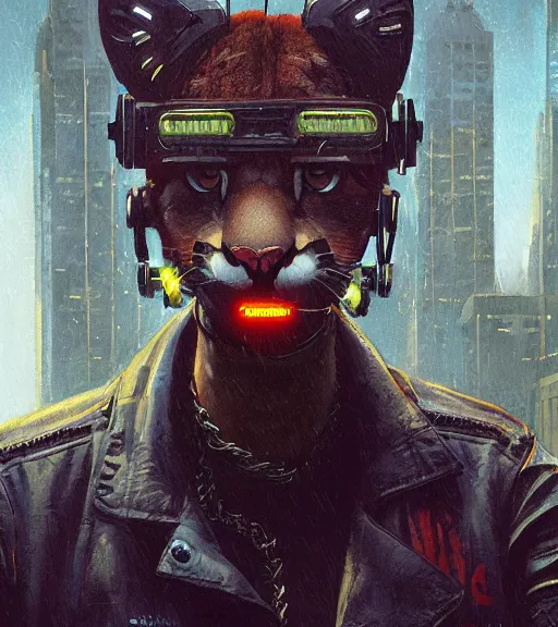 Image similar to new york city portrait of furry anthro anthropomorphic cougar mountain lion head animal person fursona wearing clothes strange cybernetic muzzle gloomy rainy screenshot from the video game cyberpunk 2077 digital art by Greg Rutkowski, Simon Stalenhag, christopher nolan trending on Artstation, CGSociety