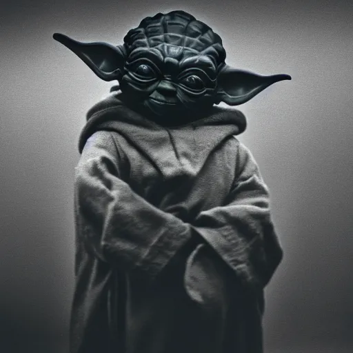 Image similar to depressed Yoda in a dark room, movie still, photography, DSLR 35mm, low light photography, sadness