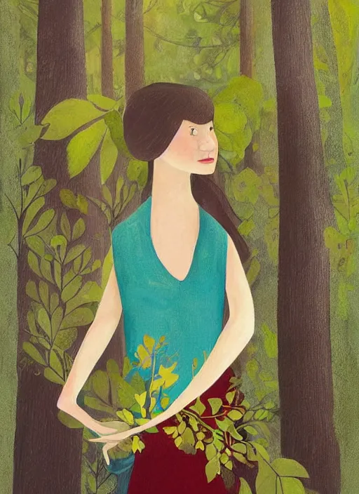 Image similar to a wonderful childrens illustration book portrait painting of a woman with serene emotion, art by tracie grimwood, forest, trees, many leaves, birds, whimsical, aesthetically pleasing and harmonious natural colors