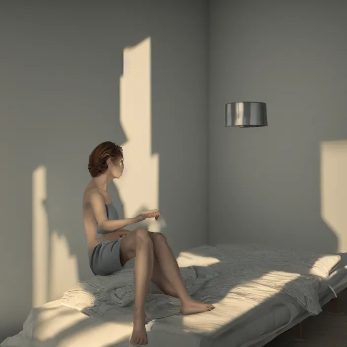 Prompt: a girl in a room with light gray walls sits on a bed, sunset light, edward hopper style. cinematic, hyper realism, high detail, octane render, 8k, iridescent accents