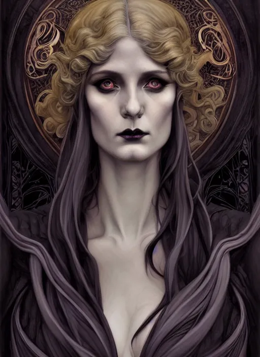 Prompt: an art nouveau, dark witch portrait in the style of charlie bowater, and in the style of donato giancola, and in the style of charles dulac. very large, clear, expressive, intelligent eyes. symmetrical, centered, ultrasharp focus, dramatic lighting, photorealistic digital painting, intricate ultra detailed background.