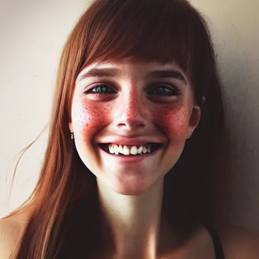 Image similar to beautiful hyperrealism selfie of a cute young woman smiling softly, long light bronze brown hair, cute freckles, flushed face, red blush, small heart - shaped face, soft features, emerald green eyes, golden hour, 8 k, sharp focus, instagram