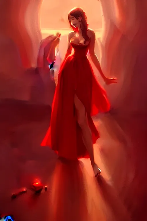 Prompt: dreamy girl character with perfect body in a nice red dress, magic vibe, perfect lighting. professional design. great composition, illustration, highly detailed, digital painting, concept art, trending on artstation, by greg rutkowski, james ensor, artwork