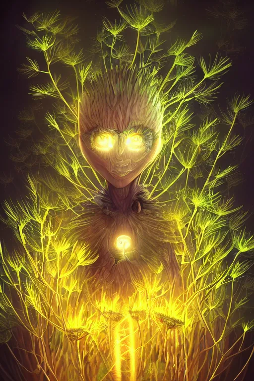 Image similar to a humanoid figure glowing dandelion plant monster, amber eyes, highly detailed, digital art, sharp focus, ambient lighting, autumn, trending on art station, anime art style