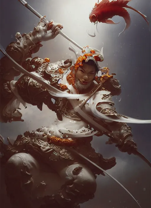 Image similar to subsurface scattering, white, koi, samurai deity with koi armor, floating ribbons, octane render, by jesper ejsing, james jean, justin gerard, tomasz alen kopera, cgsociety and fenghua zhong, highly detailed, rim light, cinematic lighting, art, very coherent, cinematic, hyper realism, high detail, 8 k