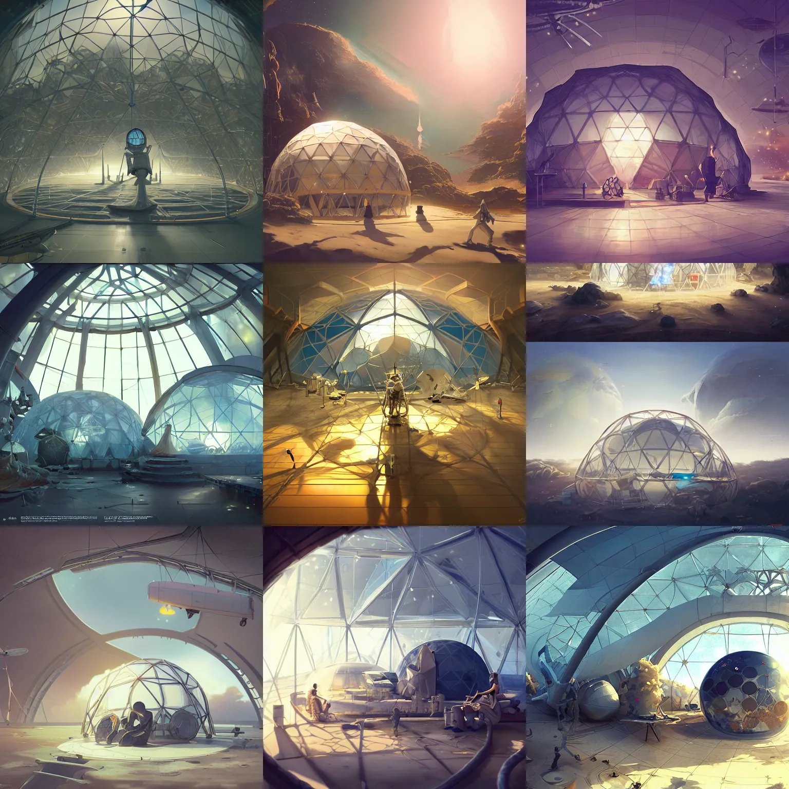 Prompt: aerospace lab in a geodesic dome, light dust, ivory and blue color scheme, by peter mohrbacher dan mumford craig mullins nekro, cgsociety, pixiv, volumetric light, 3 d render