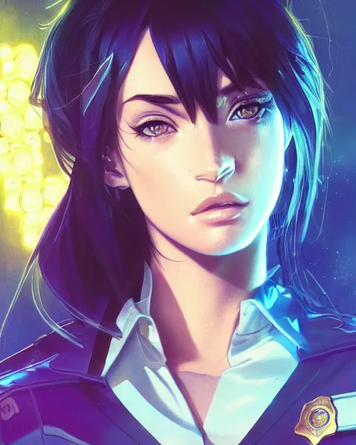 Prompt: anime key visual of megan fox as a police officer, neon, cyberpunk, futuristic, stunning, highly detailed, digital painting, artstation, smooth, soft focus, illustration, art by artgerm and greg rutkowski and alphonse mucha