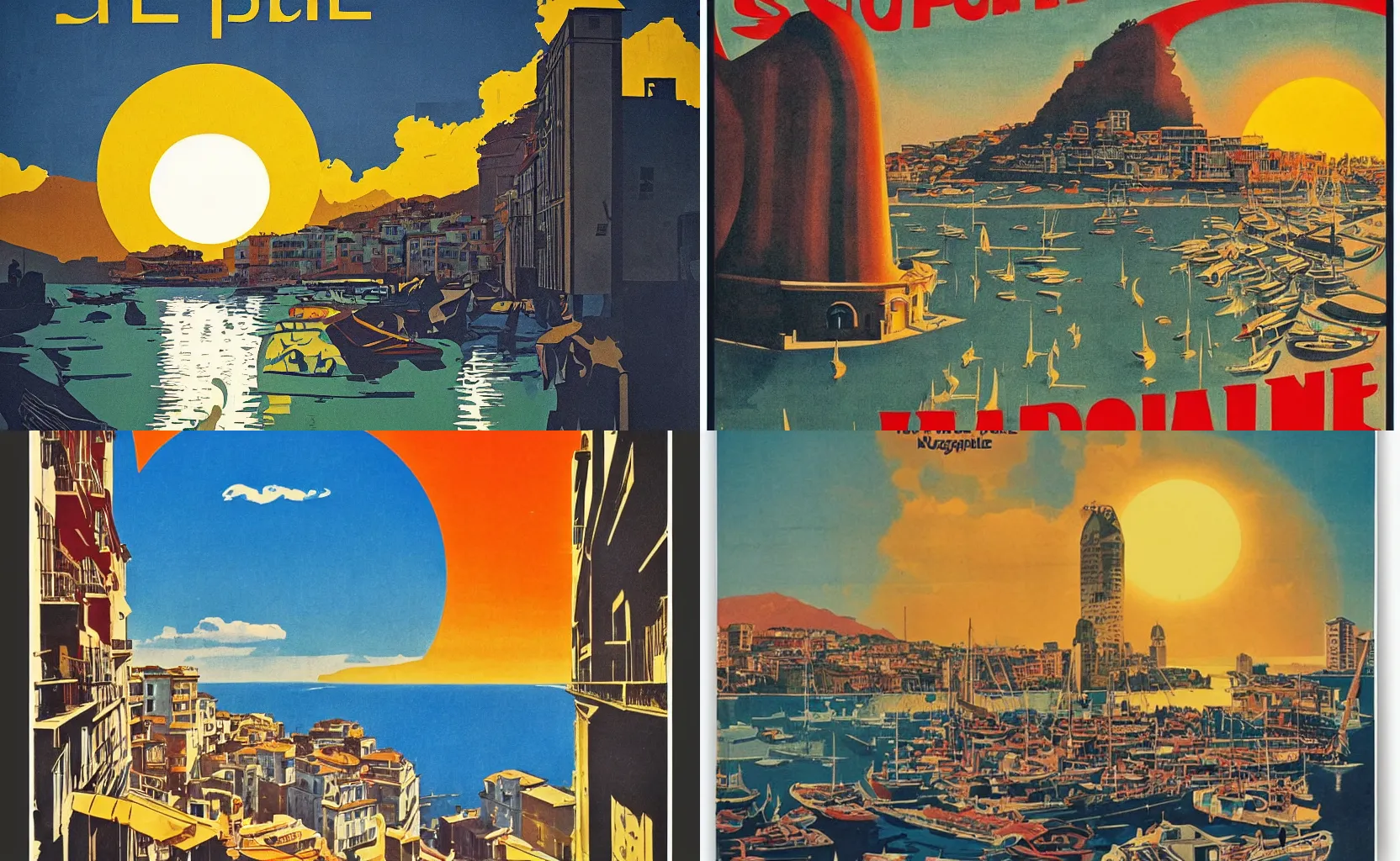 Prompt: the sun shining brilliantly over Naples, mid century poster