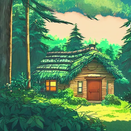 Image similar to a cozy cottage in an overgrown forest, anime, cartoon, studio Ghibli style, golden hour