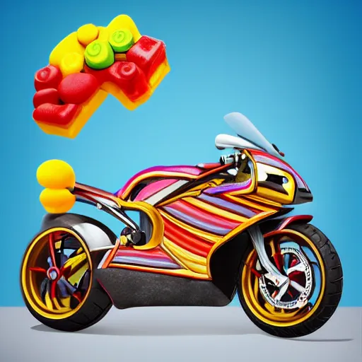 Image similar to motorcycle made out of candy, global illumination, photorealistic, in style of candyland poster