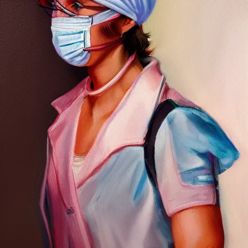 Image similar to A woman in 1980s clothing with a visor on her face and wearing a surgical mask, gucci catwalk, oil painting, digital art, ultradetailed, artstation