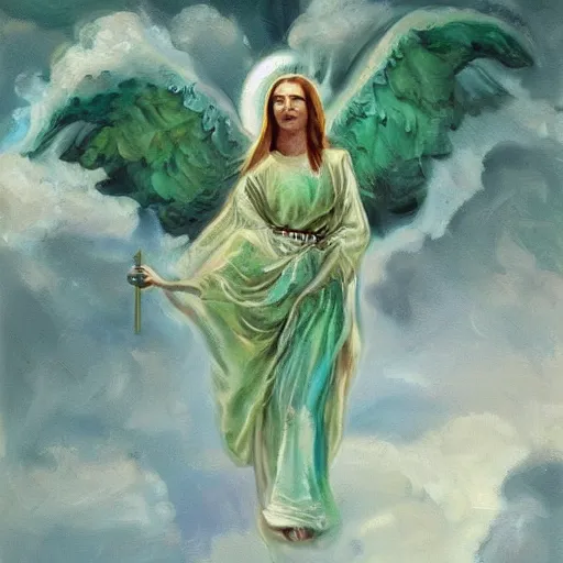 Image similar to beautiful oil painting of biblically accurate angel, night sky clouds, green lightning, above city, high detail, trending on art station