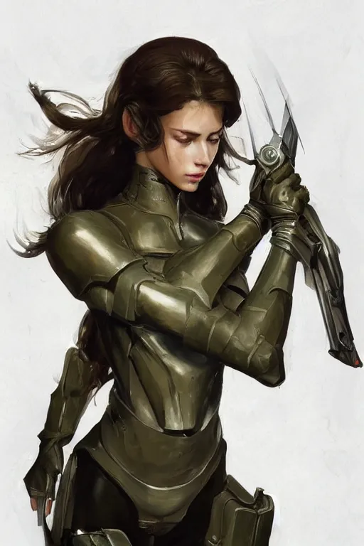 Image similar to a professionally painted portrait of an attractive young woman, clothed in military armor, olive skin, long dark hair, beautiful bone structure, symmetrical facial features, intricate, elegant, digital painting, trending on Artstation, concept art, smooth, sharp focus, illustration, from Metal Gear by Ruan Jia and Mandy Jurgens and Artgerm and William-Adolphe Bouguerea, award winning