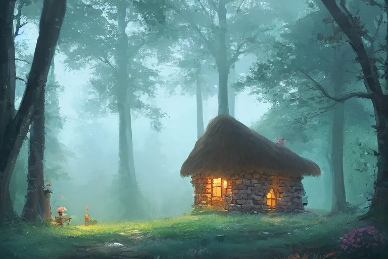 Image similar to a quaint little cottage in a clearing in a huge magical forest by andreas rocha and alena aenami, trending on artstation