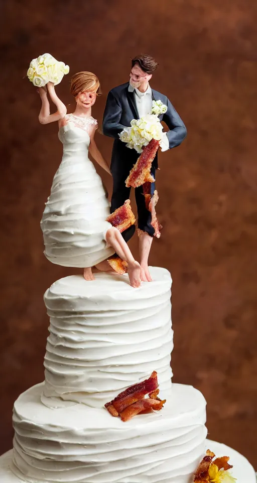 Prompt: a wedding cake made of bacon, professional food photo, by linda eastman, bride and groom on top of the wedding cake,