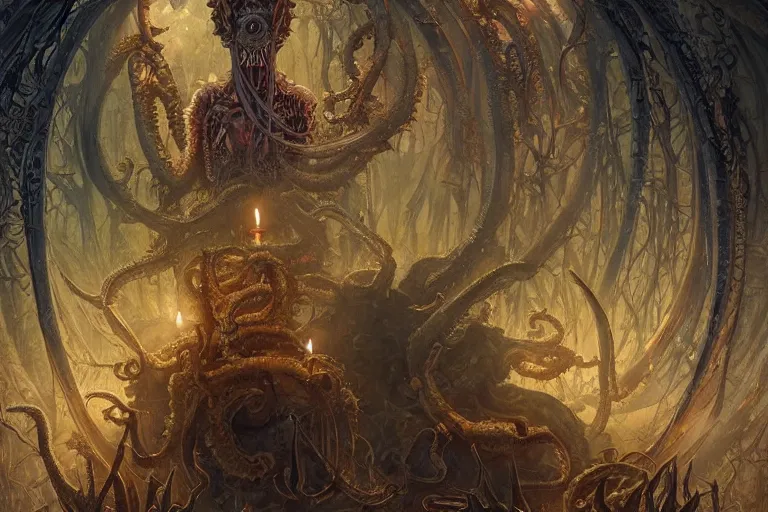 Prompt: a lovecraftian painting of a demonic shrine, occult, cult members evil ritual, cosmic horror elements, ultra realistic, concept art, intricate details, eerie, highly detailed, photorealistic, octane render, 8 k, unreal engine. art by artgerm and greg rutkowski and alphonse mucha