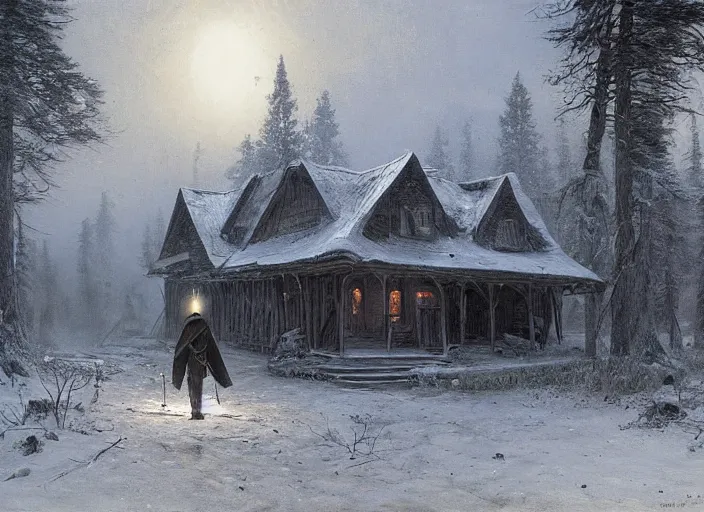 Prompt: A hooded figure carrying a torch approaches an abandoned tavern on a moonlit night, Ivan Shishkin and Greg Rutkowski