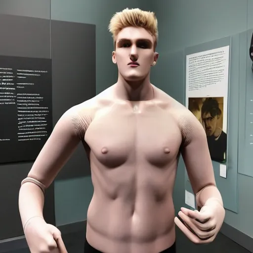 Image similar to a realistic detailed photo of a guy who is an attractive humanoid who is half robot and half humanoid, who is a male android, boxer and youtuber jake paul, shiny skin, posing like a statue, blank stare, at the museum, on display