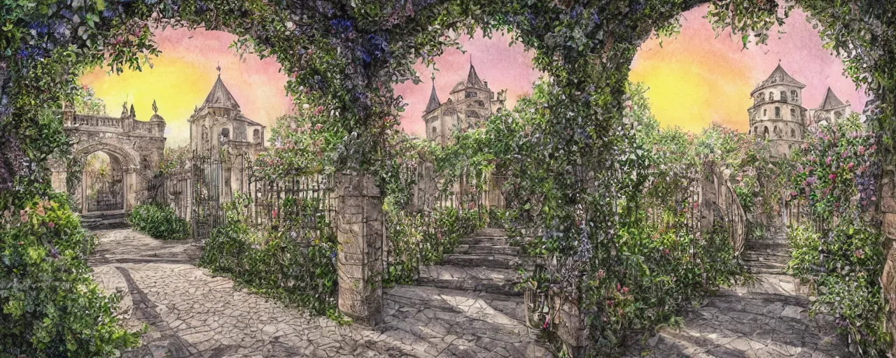 Image similar to huge flower, courtyard walkway, sunset, castle, stairway, chairs, wrought iron, gate, tree, delicate, botanic garden, road, botanical herbarium paper, watercolor colored painting, iridescent colors, 8 k, realistic shaded, fine details, artstation, italian style, colonnade