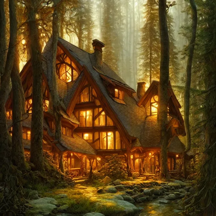 Image similar to cozy cabin in an ancient forest , diffuse lighting, fantasy, intricate, elegant, highly detailed, lifelike, photorealistic, digital painting, artstation, illustration, concept art, smooth, sharp focus, art by John Collier and Albert Aublet and Krenz Cushart and Artem Demura and Alphonse Mucha