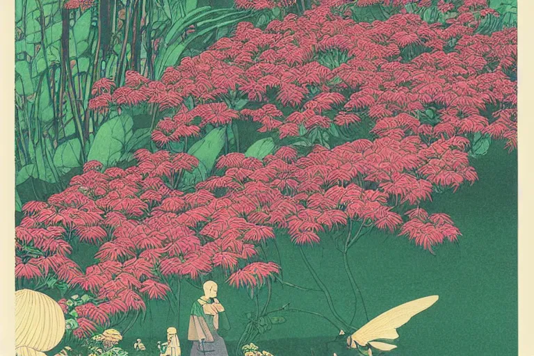 Image similar to gigantic cats catch gigantic dragonflies, a lot of exotic flowers around, heads are all over the ground, acid and dreaming psychedelic hallucinations, risograph by kawase hasui, dirtyrobot, edward hopper, satoshi kon and moebius, colorful flat surreal design, super - detailed, a lot of tiny details, fullshot