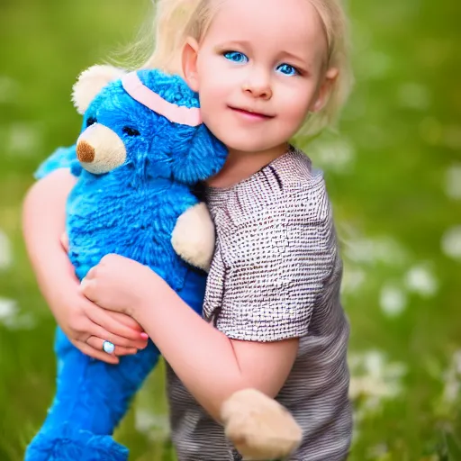 Prompt: 2 year old girl portrait, blonde, blue eyes, hugging teddybear,