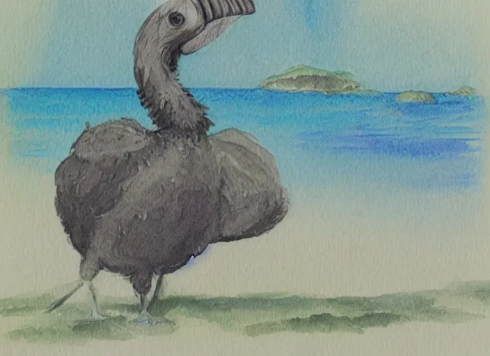 Prompt: a water color drawing of a dodo bird on a tropical island