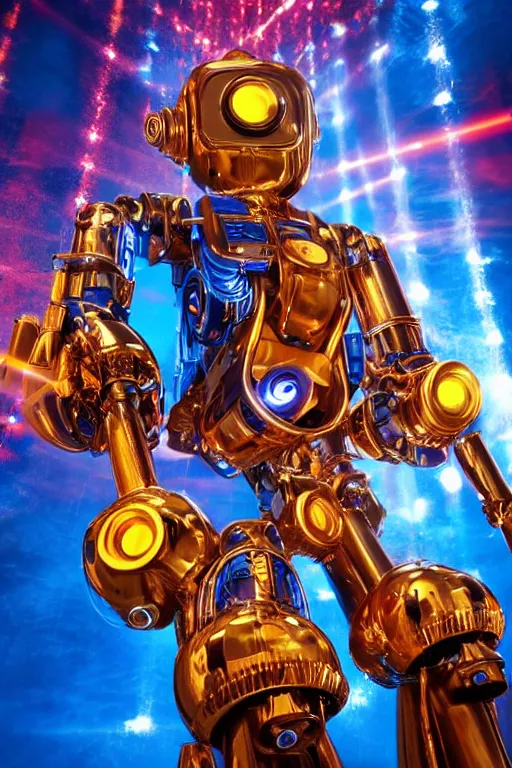 Image similar to portrait photo of a giant huge golden and blue metal humanoid steampunk robot singer with headphones and big gears and tubes, a red glowing microphone on a tripod, eyes are glowing red lightbulbs, shiny crisp finish, 3 d render, 8 k, insaneley detailed, fluorescent colors, background is multicolored lasershow