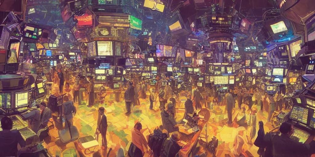 Prompt: beautiful schematic of traders in the new york stock exchange, by paul lehr and mark kolobaev and artgerm, science fiction, highly detailed, intricate, studio ghibli color scheme, masterpiece, pointillism, abstract