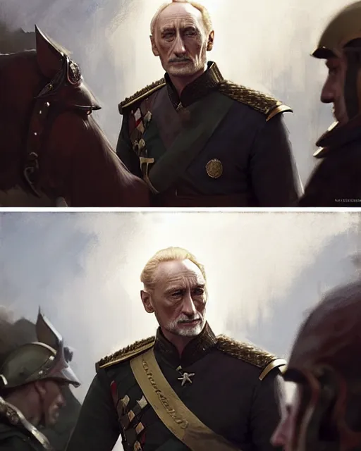 Image similar to tywin lannister discusses war strategy with his generals | | realistic shaded, fine details, realistic shaded lighting painting by greg rutkowski, diego gisbert llorens, magali villeneuve, artgerm, jeremy lipkin, michael garmash, rob rey