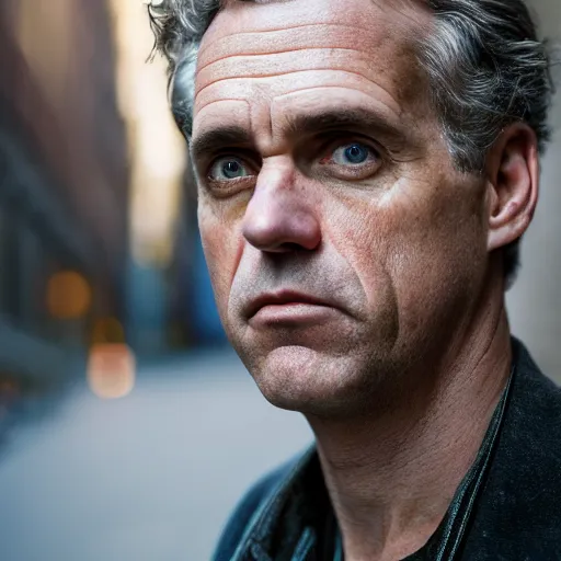 Image similar to closeup portrait of Jordan Peterson , new york back street , by Steve McCurry, natural light, detailed face, CANON Eos C300, ƒ1.8, 35mm, 8K, medium-format print