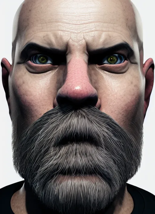 Image similar to portrait of a bald wizard with long white beard, tattoo around one eye, perfect facial symmetry + dim volumetric lighting, 8k octane beautifully detailed render, post-processing, extremely hyperdetailed, intricate, epic composition, grim yet sparkling atmosphere, cinematic lighting + masterpiece, trending on artstation